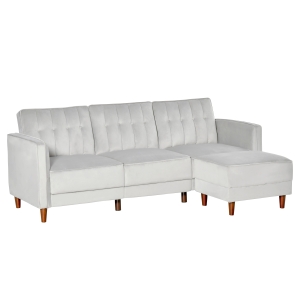HOMCOM Sofá Cama con Chaise Longue de 3 Plazas Convertible con Reposapiés Movible Respaldo Ajustable y Reposabrazos Tacto Aterciopelado 218x85x86 cm Gris Claro