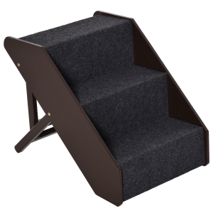 PawHut Katzentreppe Hundetreppe Haustiertreppe mit 3 Stufen, klappbar, Holz+MDF, 40,8 x 56,5 x (42,5-51,5) cm