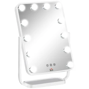 HOMCOM Hollywood Makeup Mirror with LED Lights, Tabletop Vanity Mirror with 12 Dimmable LED Bulbs, Memory Function and Metal Frame, White