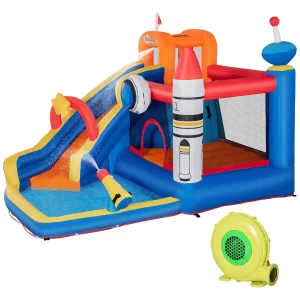Outsunny 5 in 1 Kids Bounce Castle Large Water Space Style Inflatable House Slide Trampoline Pool Water Gun Climbing Wall for Kids Age 3-8