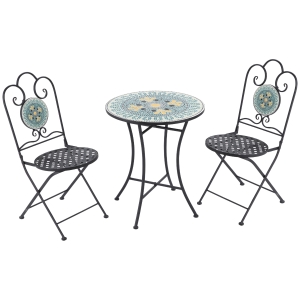 Outsunny Set da Giardino 3 Pezzi con Mosaico, Tavolino e 2 Sedie Pieghevoli, Verde