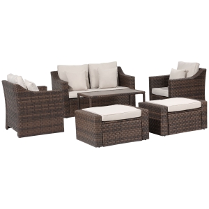 Outsunny Salotto da Esterni in Rattan, Set 6 Pz con Divanetto da Giardino, Poltrone e Tavolino, Marrone