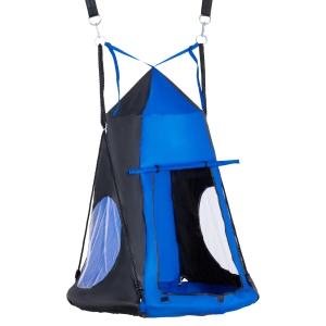 Outsunny Baloiço com Tenda Infantil Baloiço Ninho com Porta Enrolável e 2 Janelas de Malha para Crianças e Adultos Carga Máxima 200kg Interior e Exterior Ø100x180 cm Preto e Azul