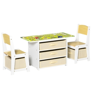 HOMCOM Juego de Mesa 3 en 1 y 2 Sillas Infantil de Madera con 5 Cajones Tejidos de Almacenaje Mesa de Actividades para Bloques de Construcción y con Mapa de Ruta Color Natural