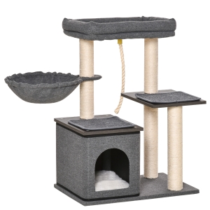 PawHut Arbre à chat avec griffoir en sisal niche lit pour chat hamac corde à taquiner plateformes en panneaux de particules coussins lavés 60 x 40 x 83 cm gris foncé