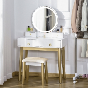 HOMCOM Dressing Table Set with Mirror, Built-in 3 Color LED Light, Vanity Makeup Table with 4 Drawers and Cushioned Stool for Bedroom, White