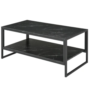 HOMCOM Elegant Coffee Table, Two-Tier Laminate Marble Print Top with Metal Frame, Foot Pads, Modern Style, 2 Shelves Home Display Storage Unit, Black