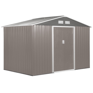 Outsunny Casetta da Giardino Porta Utensili in Lamiera di Acciaio, Capanno da Giardino in Acciaio con Porte Scorrevoli, 277x195x192cm, Grigio