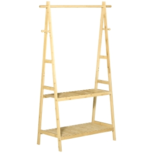 HOMCOM Stand Appendiabiti con 2 Scaffali e 4 Ganci Laterali, Struttura in Bambù, 100L x 42P x 155Acm, Color Legno