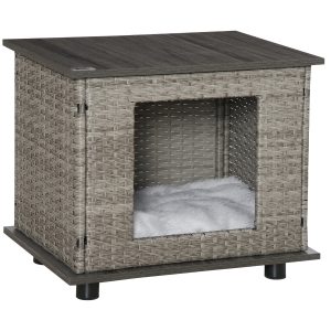 PawHut Wicker Dog House Rattan Pet Bed End Table Furniture with Soft Cushion Adjustable Feet for X-Small Dogs, Grey