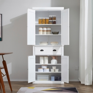 HOMCOM Traditional Kitchen Cupboard Freestanding Storage Cabinet with Drawer, Doors and Adjustable Shelves, White