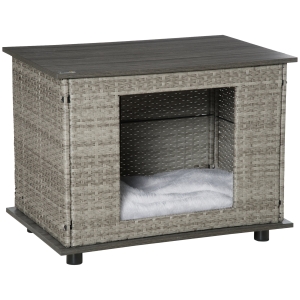 PawHut Wicker Dog House, Rattan Pet Bed, End Table Furniture, with Soft Cushion, Adjustable Feet, for Small and Medium Dogs Grey, 80 x 54 x 61.5 cm