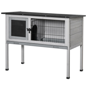 PawHut Conejera de Madera Caseta Exterior Refugio para Mascotas Pequeñas Conejos Cobayas con Bandeja Extraíble y Techo Asfáltico 86x45x70 cm Gris y Negro