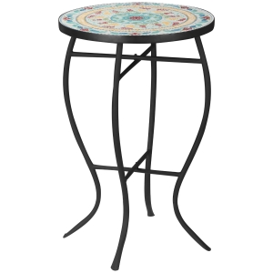Outsunny Mesa de Jardín Redonda Mesa Auxiliar de Mosaico con Patas de Metal para Patio Terraza Exterior Balcón Ø35,5x53,5 cm Turquesa