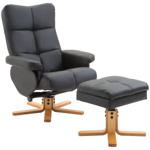 HOMCOM Adjustable Wooden Base PU Leather Recliner Swivel Chair and Ottoman Footrest with Storage - Black