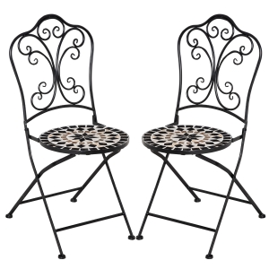 Outsunny Set de 2 Sillas Plegables de Mosaico Conjunto de Sillas de Jardín con Asiento de Cerámica Marco de Metal Carga 120 kg para Terraza Patio Exterior 40x50x92 cm Negro