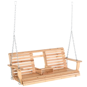 Outsunny 2 to 3 Seater Wood Swing Chair Swing Bench with Foldable Table, Cup Holders, Steel Chains Garden, Patio, Yard, Natural