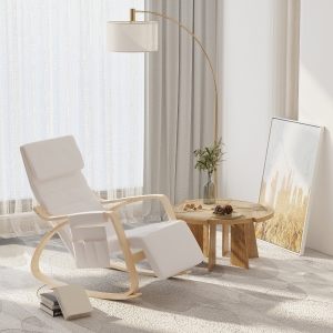 HOMCOM Wooden Rocker Rocking Lounge Chair Recliner Relaxation Lounging Relaxing Seat with Adjustable Footrest & Side Pocket & Cushion (Cream White)