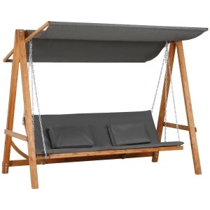 Outsunny Gartenschaukel für 3 Pers., Umklappbar in Doppelbett, Grau+Teak, 225,5 x 113 x 180 cm