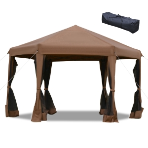 Outsunny 3.2m Pop Up Gazebo Hexagonal Canopy Tent Outdoor Mesh Sidewalls Bag Dark Brown
