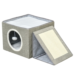 PawHut Maison niche pour chat pliable avec 2 coussins moelleux, boule suspendue, planche à gratter 73 x 42 x 34 cm gris