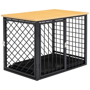 PawHut Steel Dog Crate Small Medium Dog Kennel Two Doors Tray Wooden Top Pet Cage 76L x 48W x 53H cm, Black