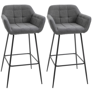 HOMCOM Lot de 2 tabourets de bar chaises hautes en tissu et métal noir avec repose-pieds, accoudoirs hauteur 80 cm - gris