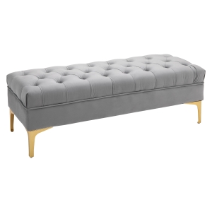 Banquette capitonnée style classique chic pieds dorés velours gris clair