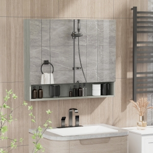 kleankin Three-Mirror Door Wall Mounted Bathroom Cabinet - Grey