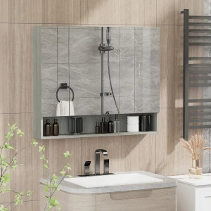 kleankin Wall Mounted Bathroom Mirror Cabinet, Storage with Adjustable Shelves, 3 Doors, Grey