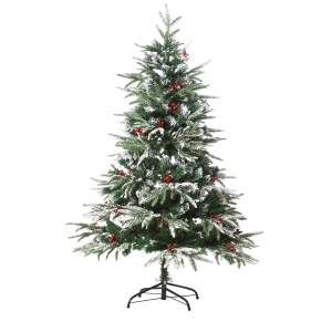 HOMCM 5ft/1.5m Artificial Snow-Flocked Pine Tree Holiday Home Christmas Decoration with Red Berries, Automatic Open