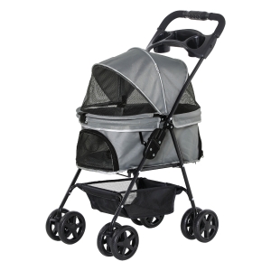 PawHut Cochecito para Mascotas Plegable Carrito para Perros Desmontable Acero Tela Oxford Ruedas Giratorias Frenos Ventana para Perros Gatos Pequeñitos 67x45x96 cm Gris