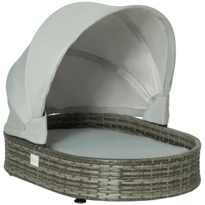 PawHut Wicker Pet Bed with Canopy Outdoor Dog Basket with Cushion for Small Medium Dogs, Grey