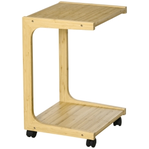 HOMCOM C-Shaped Side Table, Mobile End Table, Under Sofa Table with Wheels, Bamboo Frame for Living Room, Bedroom