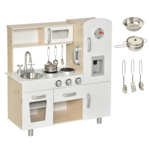 HOMCOM Kinderküche mit Zubehör, Traumküche, Spielküche, Spielzeugküche für 3 Jahre+, Kiefer, MDF, Weiß, 74 x 30 x 81 cm