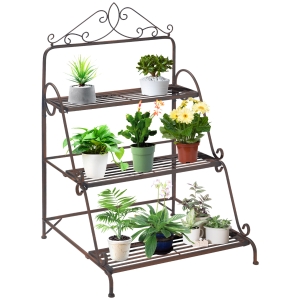 Outsunny 3 Tier Stair Style Metal Plant Stand, Flower Pot Holder Display Shelf, Storage Organizer Rack for Indoor Outdoor Patio Balcony Yard