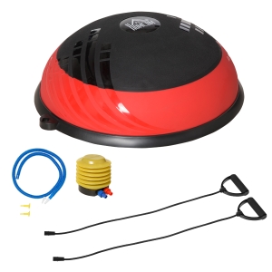 HOMCOM Bola de Equilibrio Media Pelota de Yoga con 2 Bandas de Resistencia 6 Alfombras Antideslizantes e Inflador Carga 100 kg para Ejercicio en Casa Gimnasio 58x58x20 cm Negro y Rojo