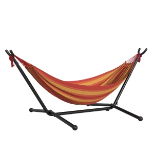 Outsunny Portable Camping Hammock with Stand, Adjustable Height Hammock with Carrying Bag, 120kg Capacity, Red Stripe, 277 x 121cm