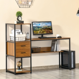 HOMCOM Industrial Style Home Office Computer Desk with Storage Shelf Drawer, PC Study Table Writing Workstation, Light Walnut Brown Black