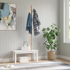 Homcom Banca cu Cuier in Bambù, Culoare Alb si Lemn, 80x30x180cm