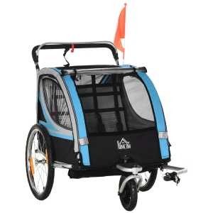 HOMCOM Remorque vélo pour enfant 2 en 1 convertible jogger poussette capacité 26,4 kg avec réflecteurs et drapeau - 2 places - bleu