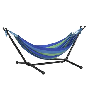 Outsunny Portable Hammock with Stand, 294 x 117cm, Camping Hammock with Carrying Bag, Adjustable Height, 120kg Load, Green Stripe