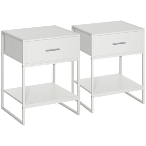 HOMCOM Comodino Moderno Set 2 Pezzi con Cassetto e Ripiano Aperto, in MDF e Acciaio, 45x40x60cm, Bianco