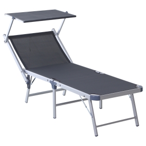 Outsunny Outdoor Sun Lounger w/ Overhead Canopy Aluminium Adjustable Texteline Seat Grey