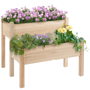 Outsunny 2-Piece Solid Fir Wood Plant Raised Bed Garden Flower Vegetable Herb Grow Box 86L x 85W x 72H cm Natural Wood Color