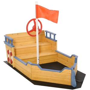 Outsunny Caixa de Areia Infantil de Madeira Desenho de Galeão com Assento 2 Degraus Bandeira Vermelha e Leme Caixa de Areia de Jardim para Crianças acima de 3 Anos 158x78x45,5cm Natural