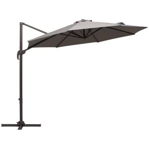 Outsunny 3M Roma Umbrella Sun Shade Cantilever Hanging Parasol w/ Cross Base Hand Crank Aluminium Frame 360Â°Rotation - Grey