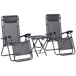 Outsunny 3pcs Folding Zero Gravity Chairs Sun Lounger Table Set W/ Cup Holders Light Grey
