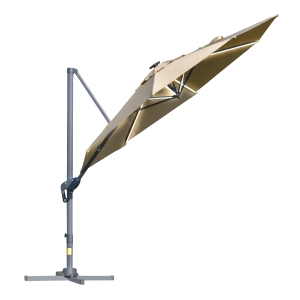 Outsunny 3m LED Cantilever Parasol Adjustable Garden Umbrella w/ Base Solar Lights Khaki