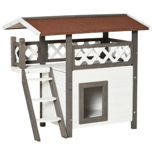 PawHut Casetta per Gatti da Esterno in Legno con Cuccia e Terrazza, 77x50x73cm, Bianco e Grigio